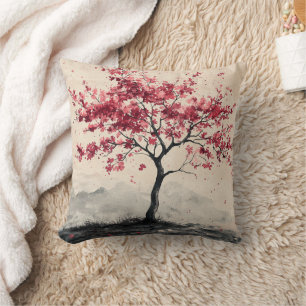 Crimson Sakura Mountain Serenity (2) Throw Pillow