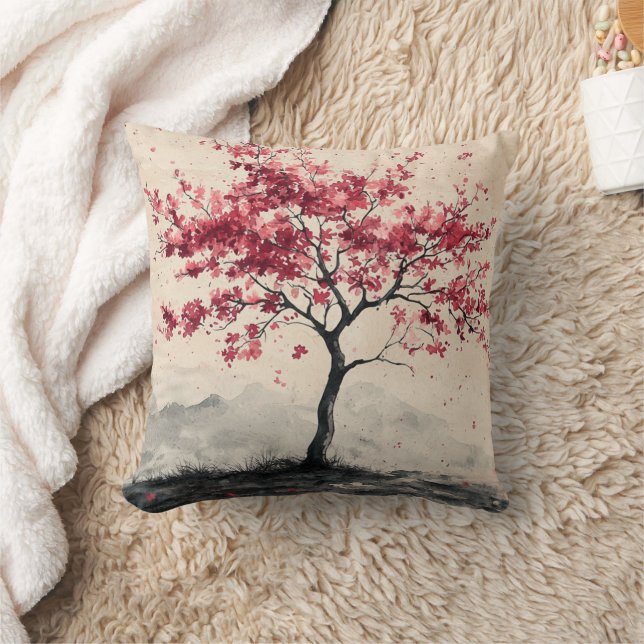 Crimson Sakura Mountain Serenity (2) Throw Pillow (Blanket)