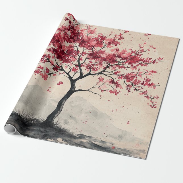 Crimson Sakura Mountain Serenity (2) Wrapping Paper (Unrolled)