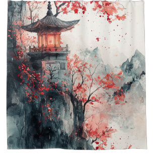 Crimson Sakura Pagoda Watercolor