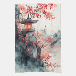 Crimson Sakura Pagoda Watercolor Kitchen Towel
