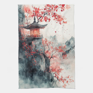 Crimson Sakura Pagoda Watercolor Kitchen Towel