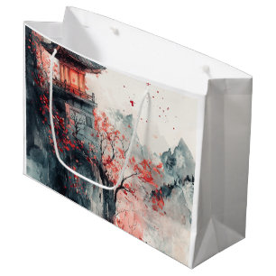 Crimson Sakura Pagoda Watercolor Large Gift Bag