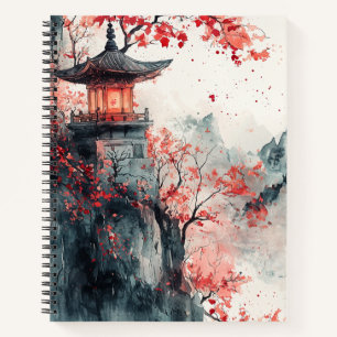 Crimson Sakura Pagoda Watercolor Notebook