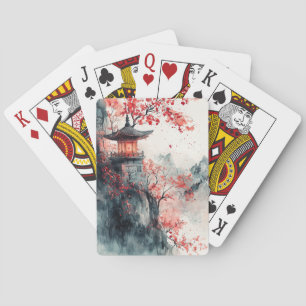 Crimson Sakura Pagoda Watercolor Playing Cards