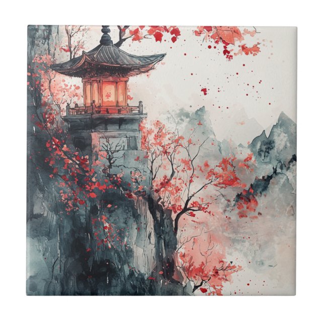 Crimson Sakura Pagoda Watercolor Tile (Front)