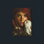 Crimson Scarf Snowy Owl Portrait Mystery Canvas Print<br><div class="desc">A young woman with luminous green eyes looks straight ahead beneath a richly textured crimson headscarf that frames her face like a medieval veil. A snowy owl with delicate brown markings perches calmly on her shoulder, its gaze mirroring hers in quiet intensity. Golden autumn leaves cling to the fabric and...</div>