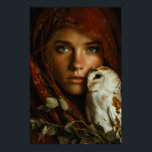 Crimson Scarf Snowy Owl Portrait Mystery Poster<br><div class="desc">A young woman with luminous green eyes looks straight ahead beneath a richly textured crimson headscarf that frames her face like a medieval veil. A snowy owl with delicate brown markings perches calmly on her shoulder, its gaze mirroring hers in quiet intensity. Golden autumn leaves cling to the fabric and...</div>