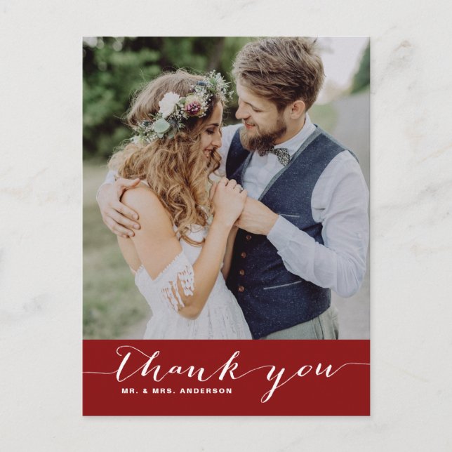Crimson Script Wedding Thank You Vertical Postcard (Front)