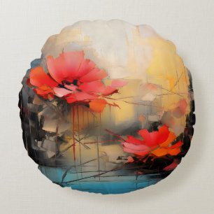 Crimson Silence – Abstract Poppies in Urban Light Round Pillow