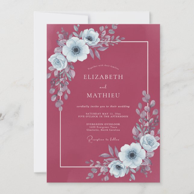 Crimson Silver Wildflower Wedding Invitation (Front)