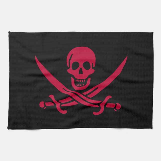 Crimson Skull & Swords Pirate flag of Calico Jack Kitchen Towel (Horizontal)