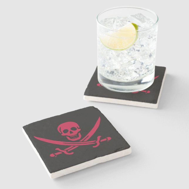 Crimson Skull & Swords Pirate flag of Calico Jack Stone Coaster (Side)