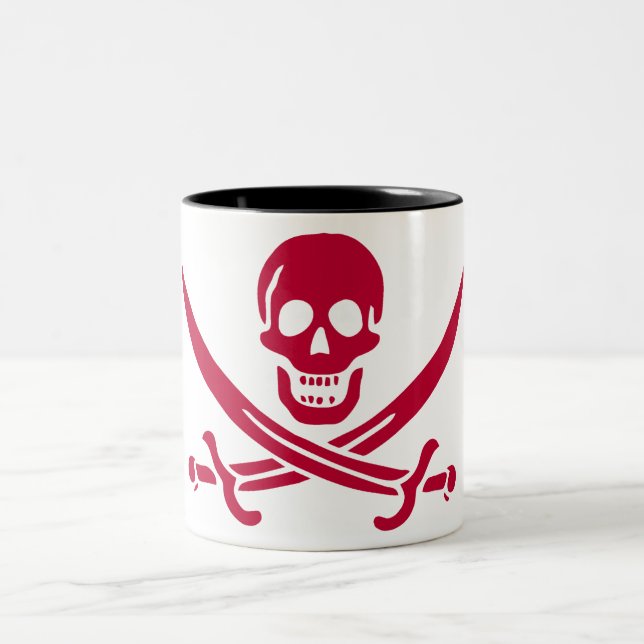Crimson Skull & Swords Pirate flag of Calico Jack Two-Tone Coffee Mug (Center)