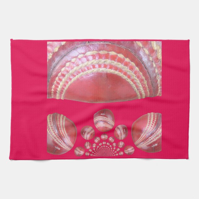 Crimson Spin – A Beautiful Red Cricket Ball Arti Kitchen Towel (Horizontal)