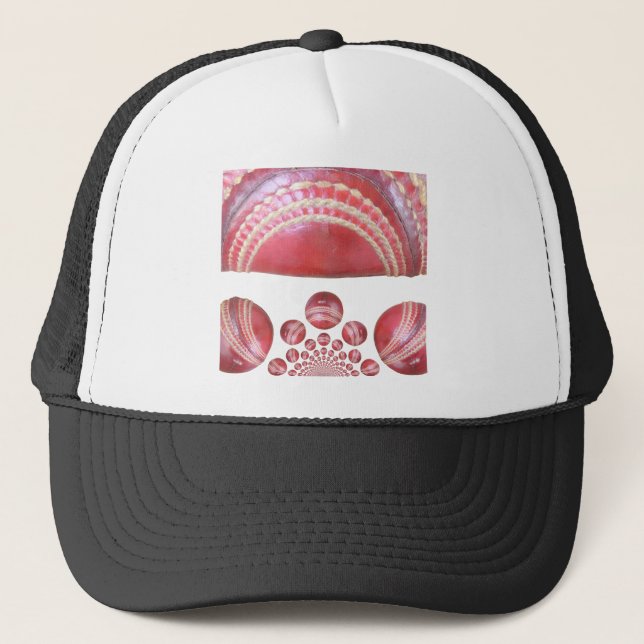 Crimson Spin – A Beautiful Red Cricket Ball Arti Trucker Hat (Front)