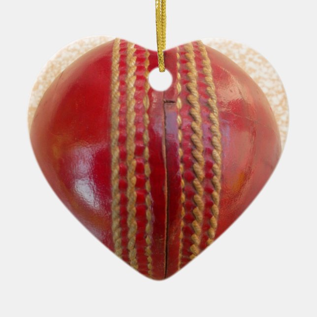 Crimson Stitch Focus: Close-Up of Cricket's Heart Ceramic Ornament (Front)