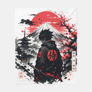 Crimson Sun Anime Silhouette Fleece Blanket