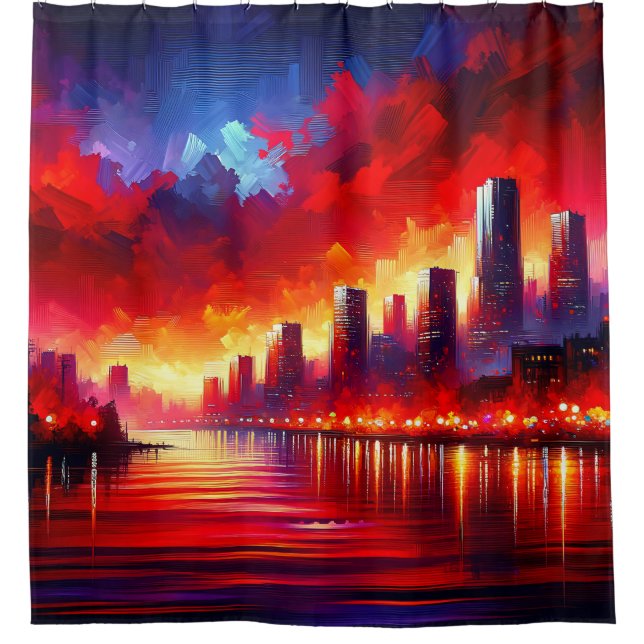 “Crimson Sunset Over City Skyline” (Front)