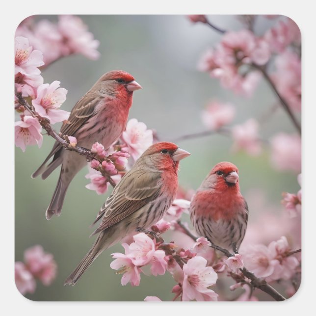 "Crimson Trio: Red Finches Amidst Pink Blooms" Square Sticker (Front)