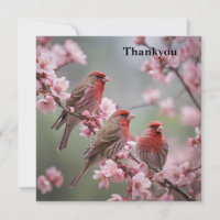 "Crimson Trio: Red Finches Amidst Pink Blooms"