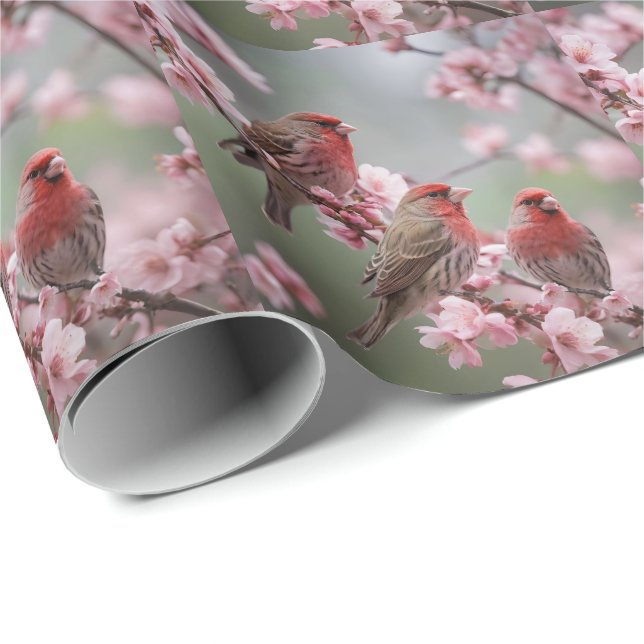 "Crimson Trio: Red Finches Amidst Pink Blooms" Wrapping Paper (Roll Corner)