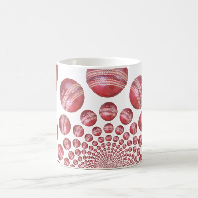 Crimson Vortex: Beautiful Red Cricket Ball Art Coffee Mug (Center)