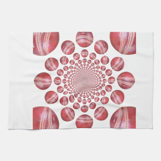 Crimson Vortex: Beautiful Red Cricket Ball Art Kitchen Towel (Horizontal)