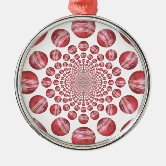 Crimson Vortex: Beautiful Red Cricket Ball Art Metal Ornament (Front)