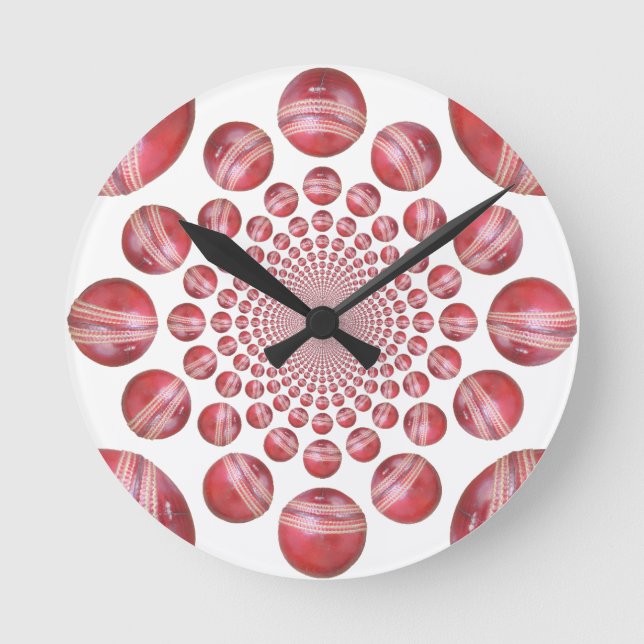 Crimson Vortex: Beautiful Red Cricket Ball Art Round Clock (Front)