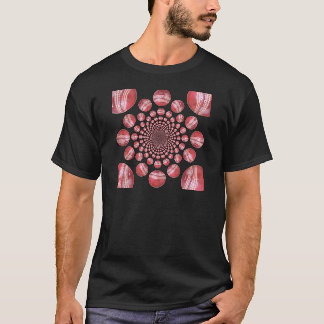 Crimson Vortex: Beautiful Red Cricket Ball Art T-Shirt (Front)