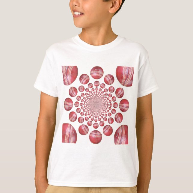 Crimson Vortex: Beautiful Red Cricket Ball Art T-Shirt (Front)