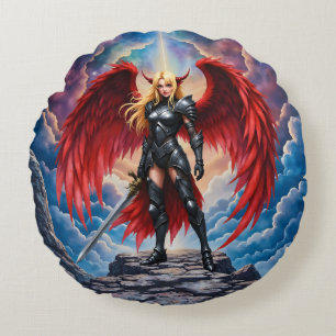 Crimson Wing – Fallen Angel Warrior. Round Pillow