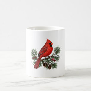 Crimson Winter Cardinal on Snowy Pine Branch Coffee Mug
