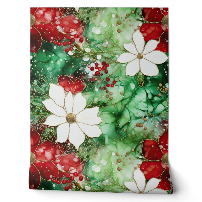 Crimson Yuletide Blooms Botanical Wallpaper (Unrolling)