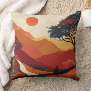 Crimson Zen Mountain Landscape Golden Sunset Art Throw Pillow