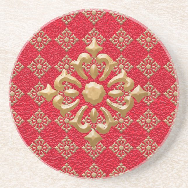 Crinkled Red and Gold Diamonds Coaster (Front)