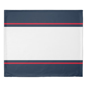 Crisp White Bright Red Racing Stripes On Navy Blue Duvet Cover