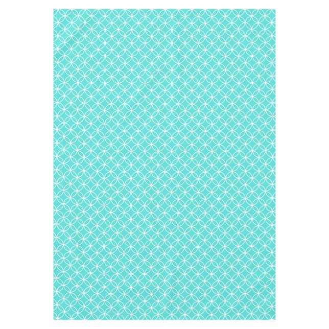 Crisp White interlaced circles on teal seablue Tablecloth (Front)