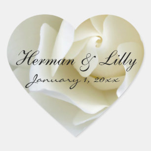 Crisp White Rose Personalized Wedding Heart Sticker