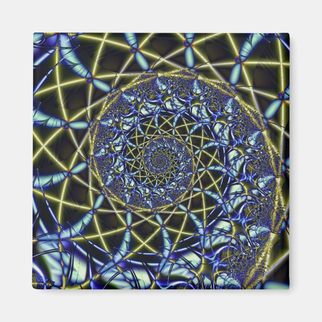 Criss Cross | Yellow and Blue Fractal Art Magnet (Front)