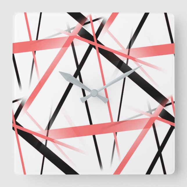 Criss Crossed Coral and Black Stripes on White Square Wall Clock (Front)