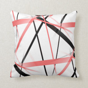 Criss Crossed Coral and Black Stripes on White Throw Pillow