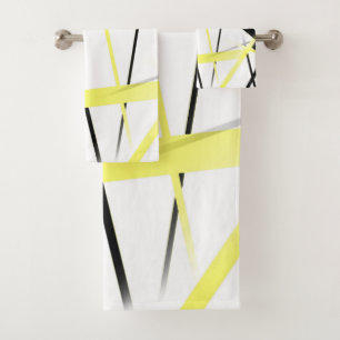 Criss Crossed Lemon Yellow and Black Stripes on Wh Bath Towel Set