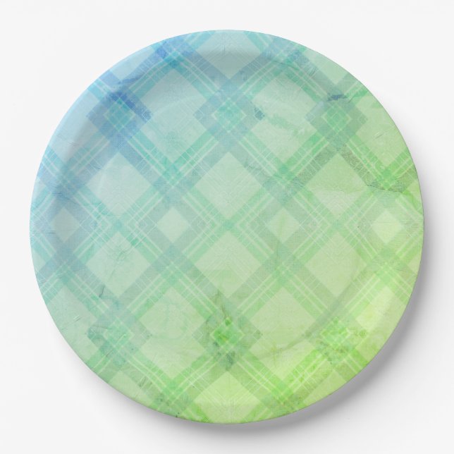 Crisscrossed Happy Green & blue, yellow Checks  Paper Plate (Front)
