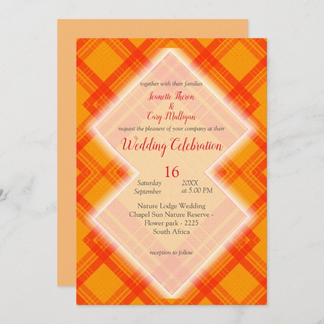 Crisscrossed red, and orange check patterns  invitation (Front/Back)