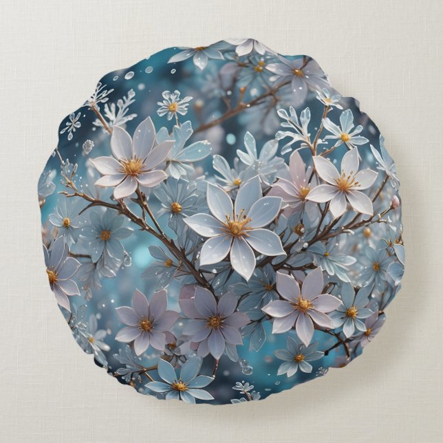 Cristal d'hiver Frost Sakura Blossom Coussin rond (Dos)