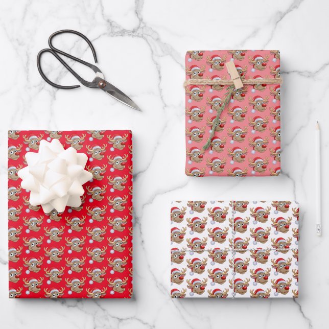 Cristmas Reindeer Red Pink White Christmas Wrapping Paper Sheet (Front)