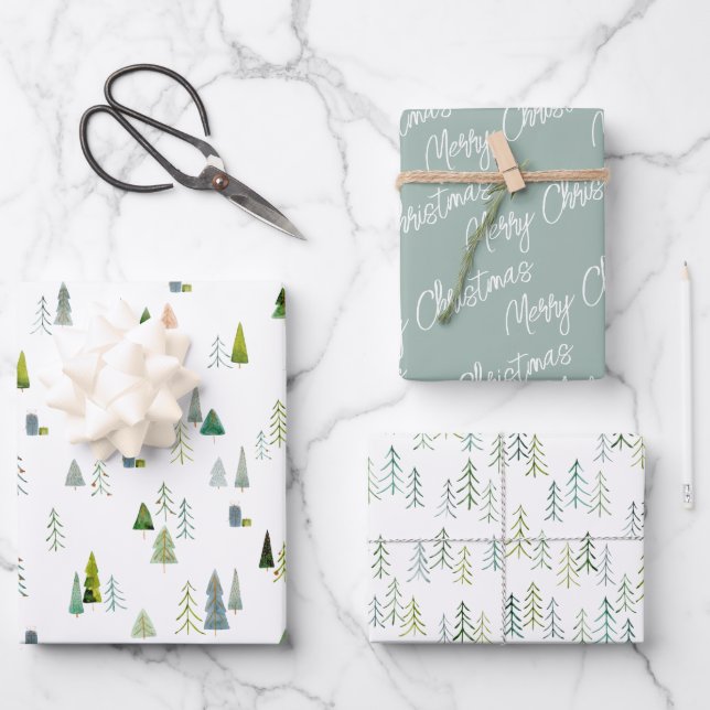 Cristmas Trees Illustration Wrapping Paper Sheet (Front)