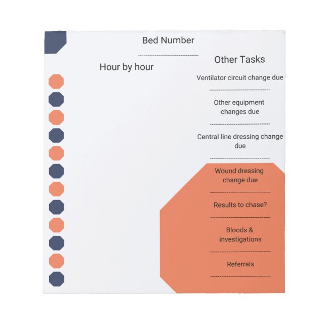 Critical Care Nurse Shift Planner Blue & Orange Notepad (Front)